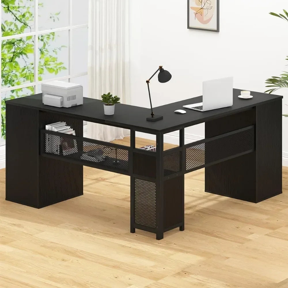 L Shaped Desk with File Drawers Shelves