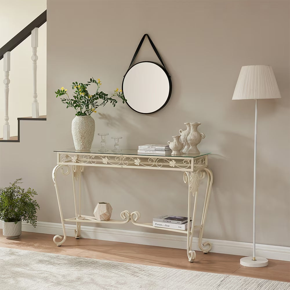 2nd Tier Modern Tempered Glass Console Table, Entrance Table, Sofa Table With Storage Shelves