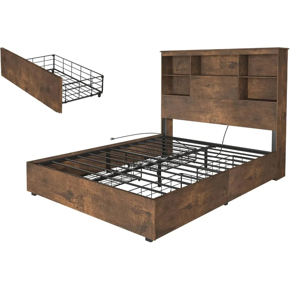 Bed Frame Wooden Platform  LED Storage Bookcase Headboard, 4 Storage Drawers & Charging Station/No Box Spring Needed