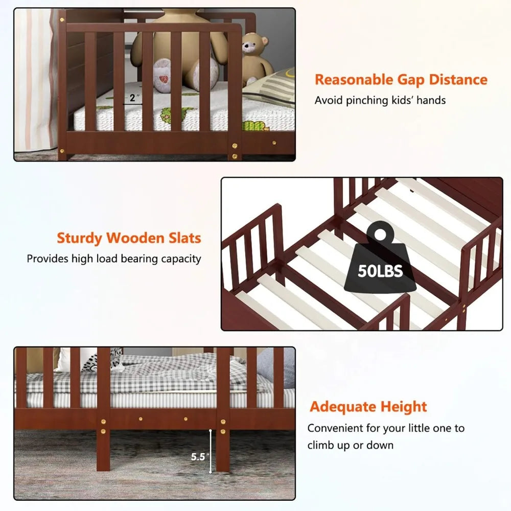 2 in 1 Convertible Wood Kids Bed w/Double Side Safety
