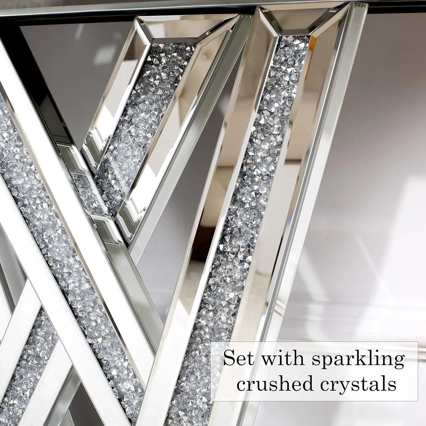 Modern Console Table Mirrored Finished, Glam Style W Silver Entryway Table Inlay with Sparkly Crushed Crystals, 35 inches Contem