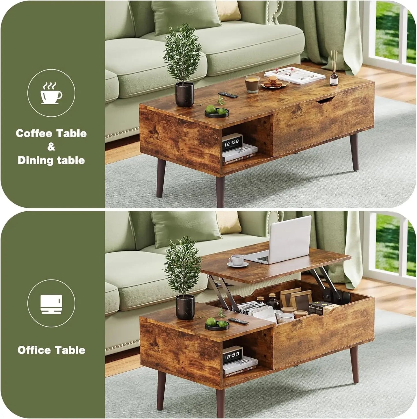 Small Coffee Table with Storage Shelf and Hidden Compartment