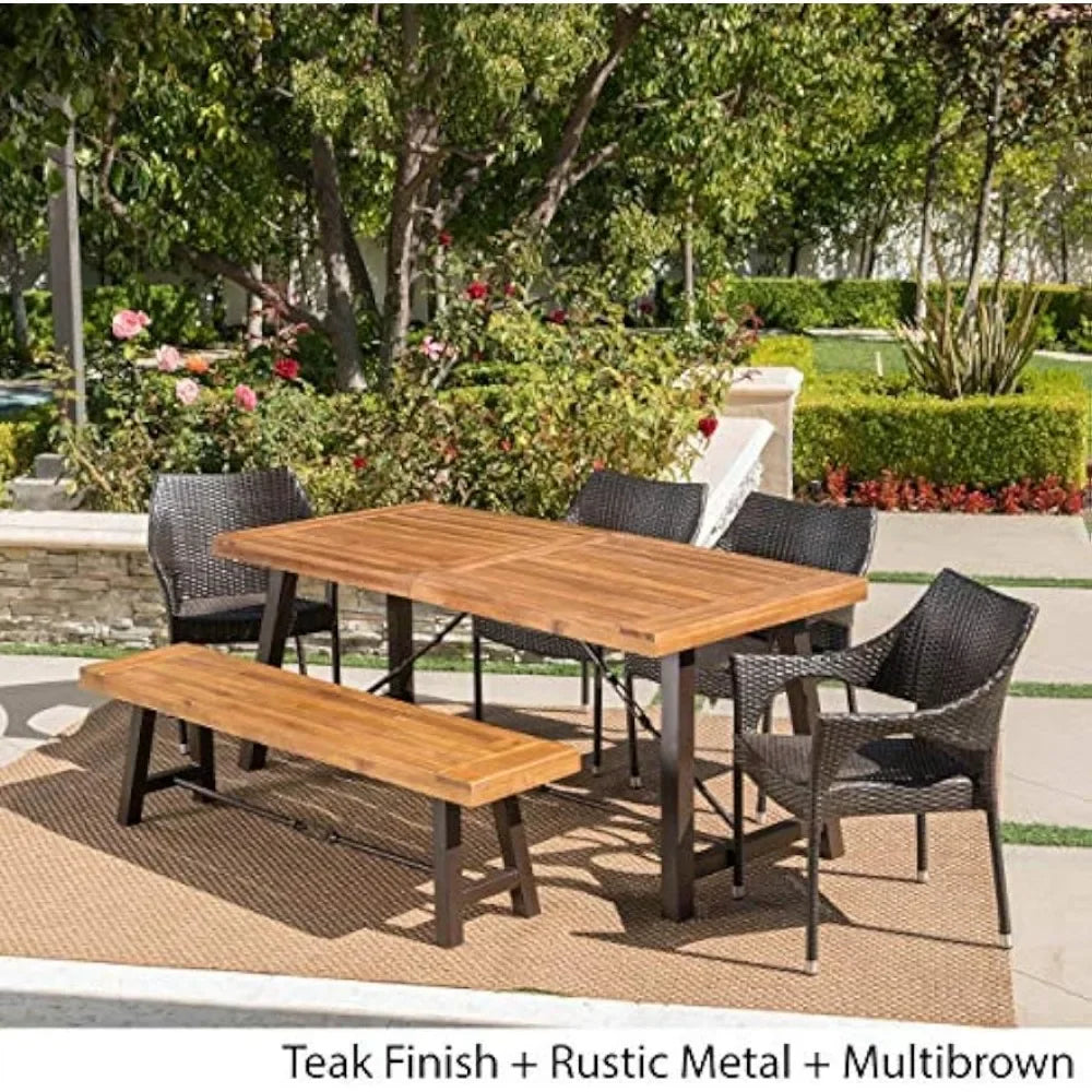 Acacia Wood Dining Set With Wicker Stacking Chairs