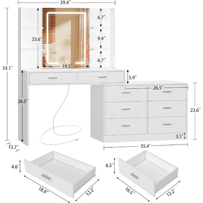 With LED Lighted Mirror & Power Outlet, Modern Corner Makeup Vanity