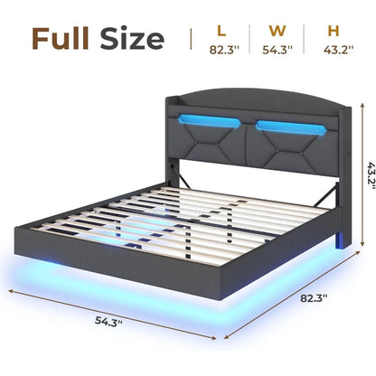 Floating Bed Frame w RGB LED Lights and Charging Station