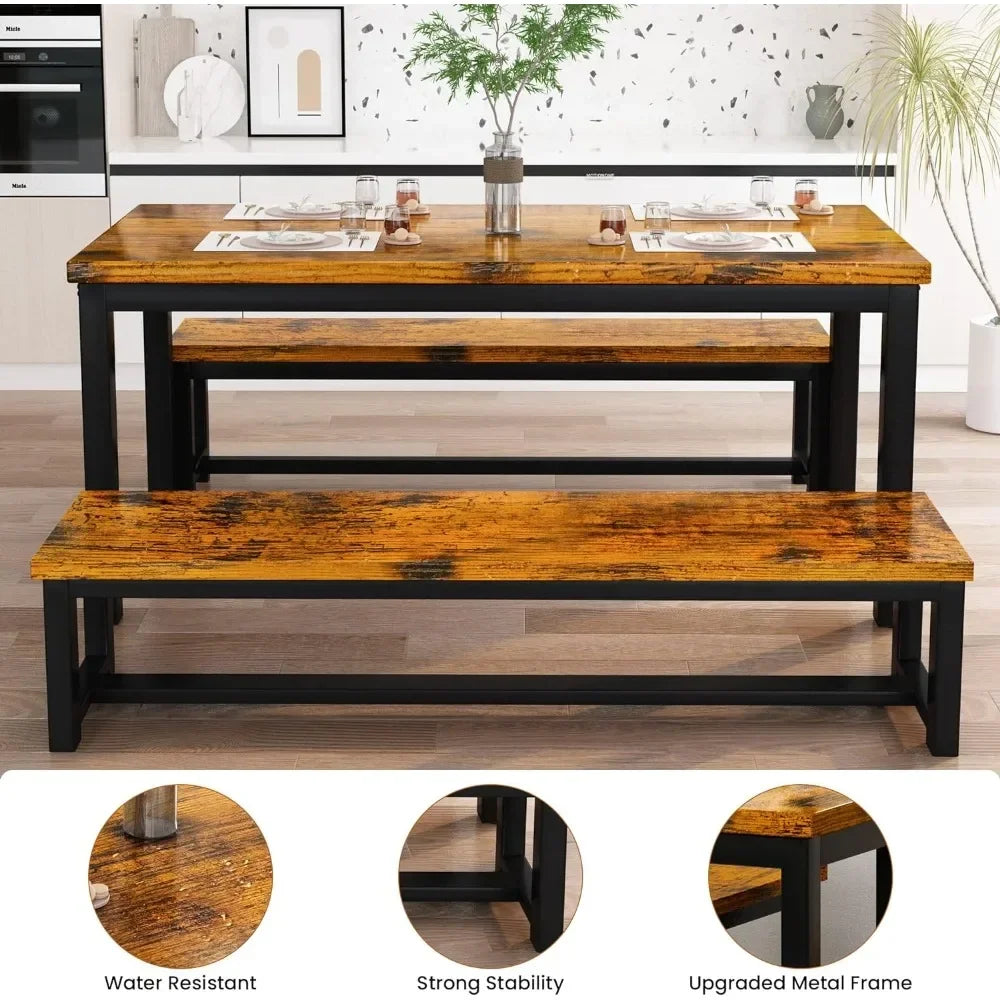 Restaurant dining table set, kitchen set with 2 benches