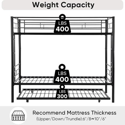 Twin Bunk Bed Frame with Trundle, Metal Bunkbed Bedframe