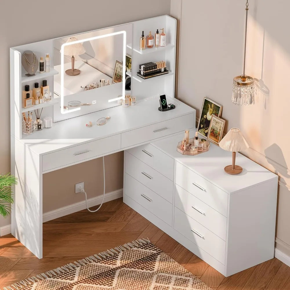 With LED Lighted Mirror & Power Outlet, Modern Corner Makeup Vanity