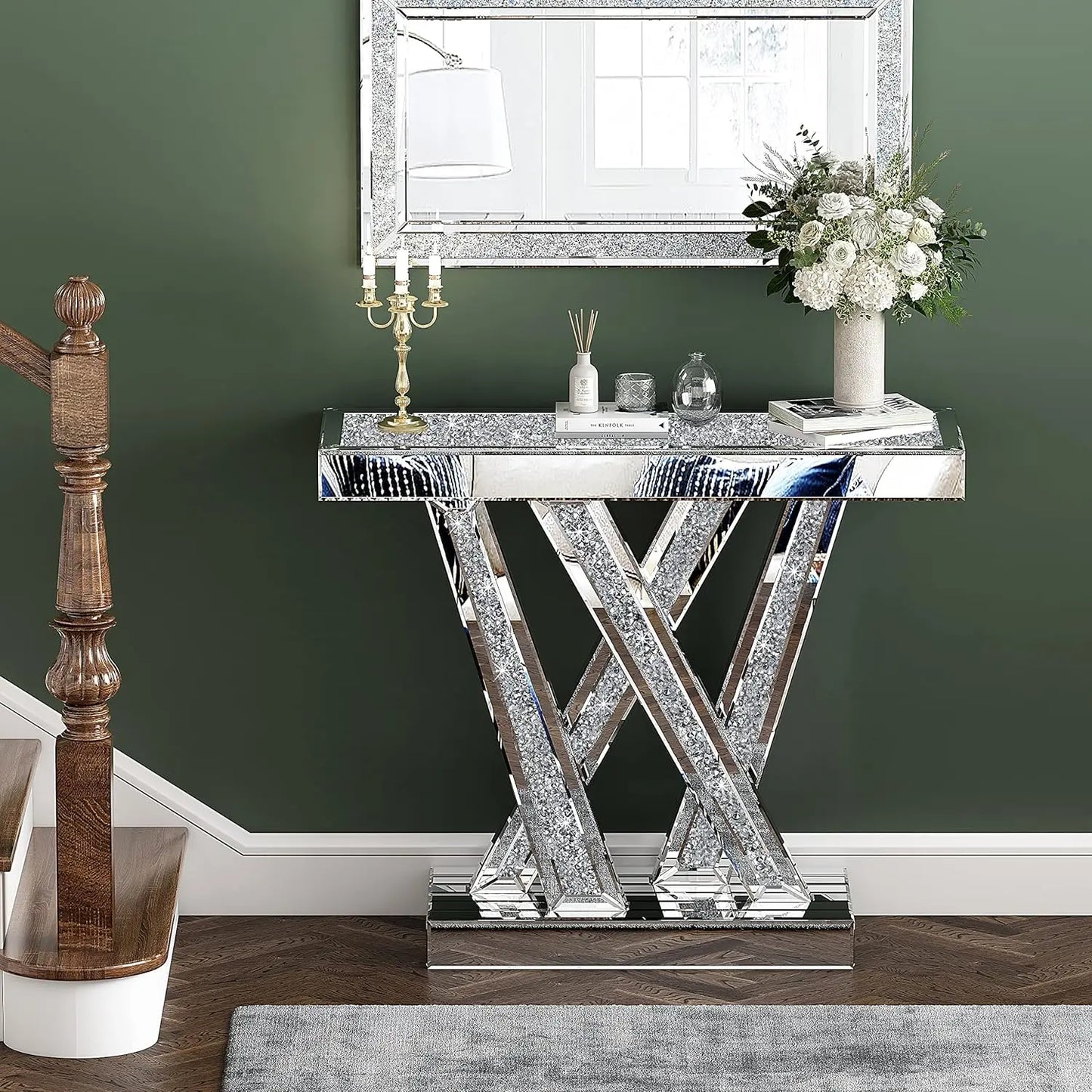 Modern Console Table Mirrored Finished, Glam Style W Silver Entryway Table Inlay with Sparkly Crushed Crystals, 35 inches Contem