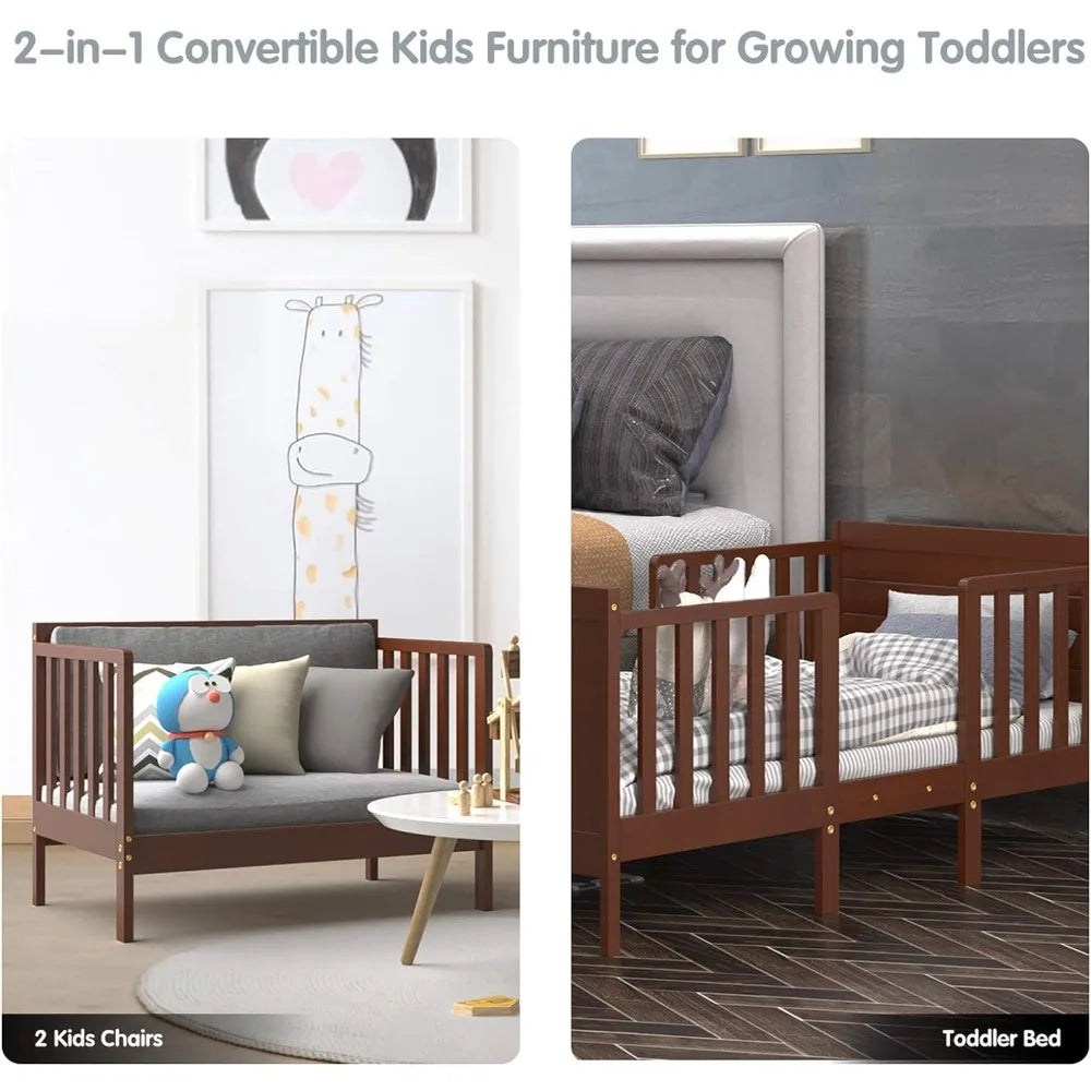 2 in 1 Convertible Wood Kids Bed w/Double Side Safety