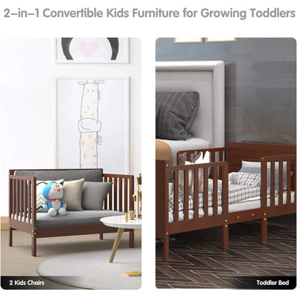2 in 1 Convertible Wood Kids Bed w/Double Side Safety