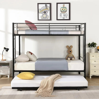 Twin Bunk Bed Frame with Trundle, Metal Bunkbed Bedframe