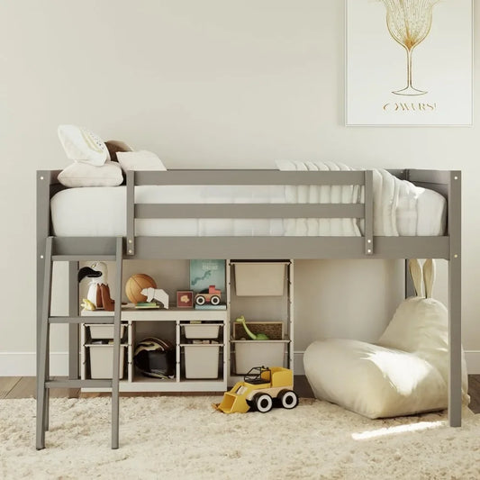 Wood Low Loft Bed with Ladder