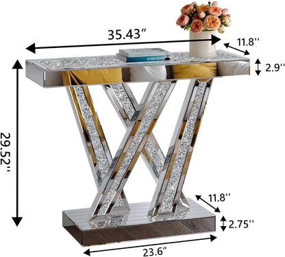 Modern Console Table Mirrored Finished, Glam Style W Silver Entryway Table Inlay with Sparkly Crushed Crystals, 35 inches Contem