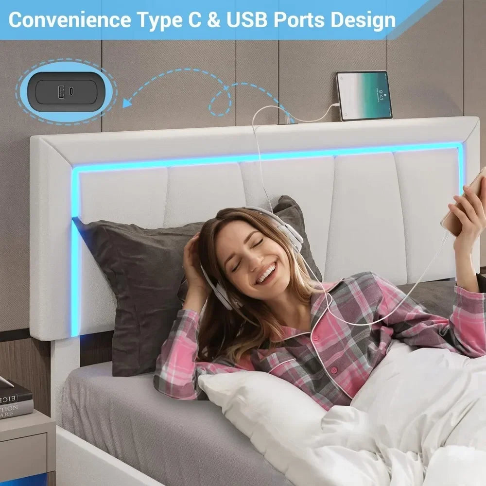 LED Bed Frame, with Storage Drawer and USB Port