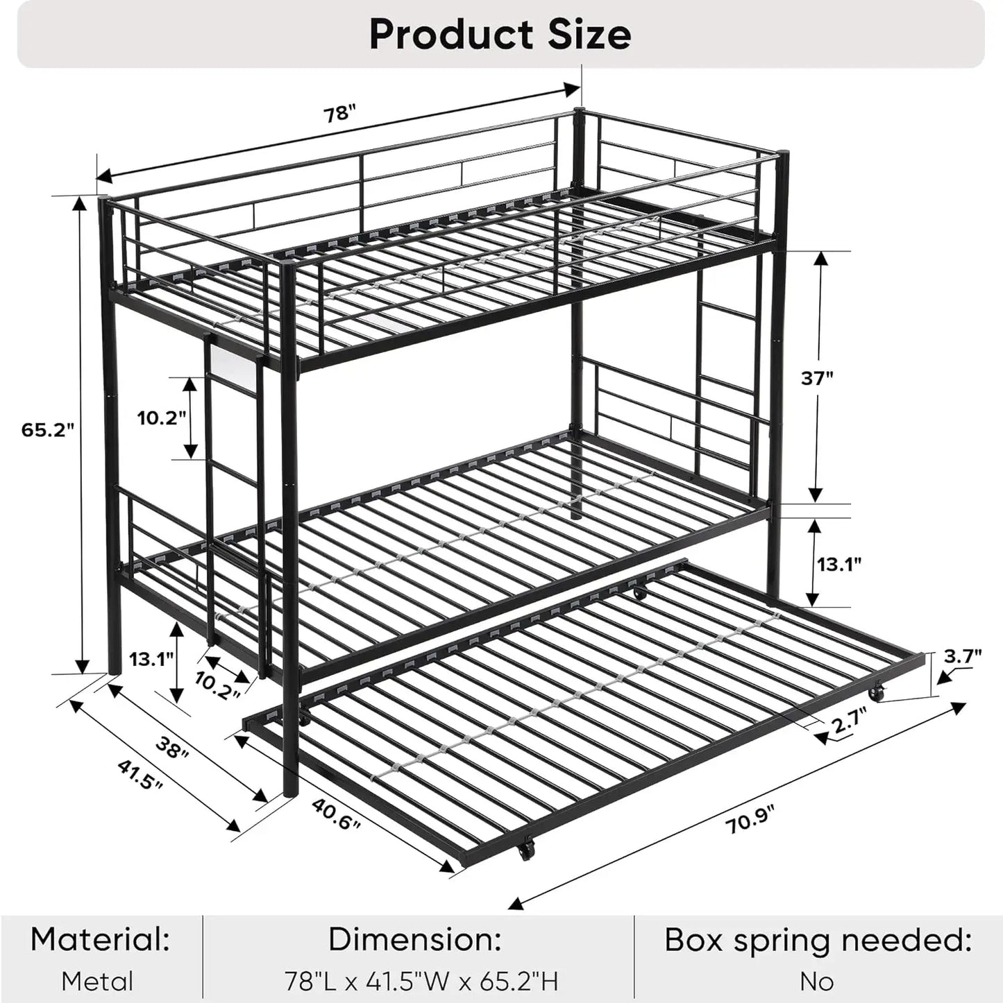 Twin Bunk Bed Frame with Trundle, Metal Bunkbed Bedframe