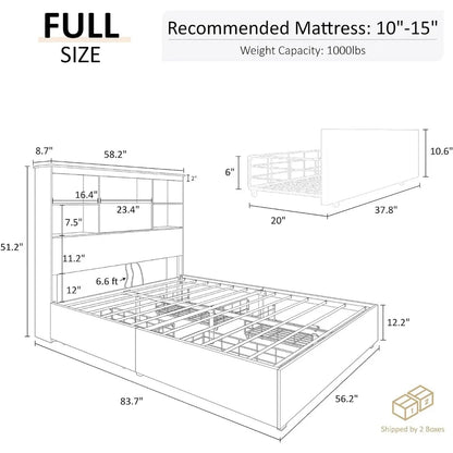 Bed Frame Wooden Platform  LED Storage Bookcase Headboard, 4 Storage Drawers & Charging Station/No Box Spring Needed