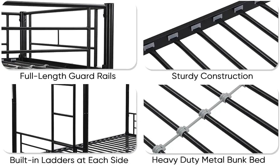 Twin Bunk Bed Frame with Trundle, Metal Bunkbed Bedframe