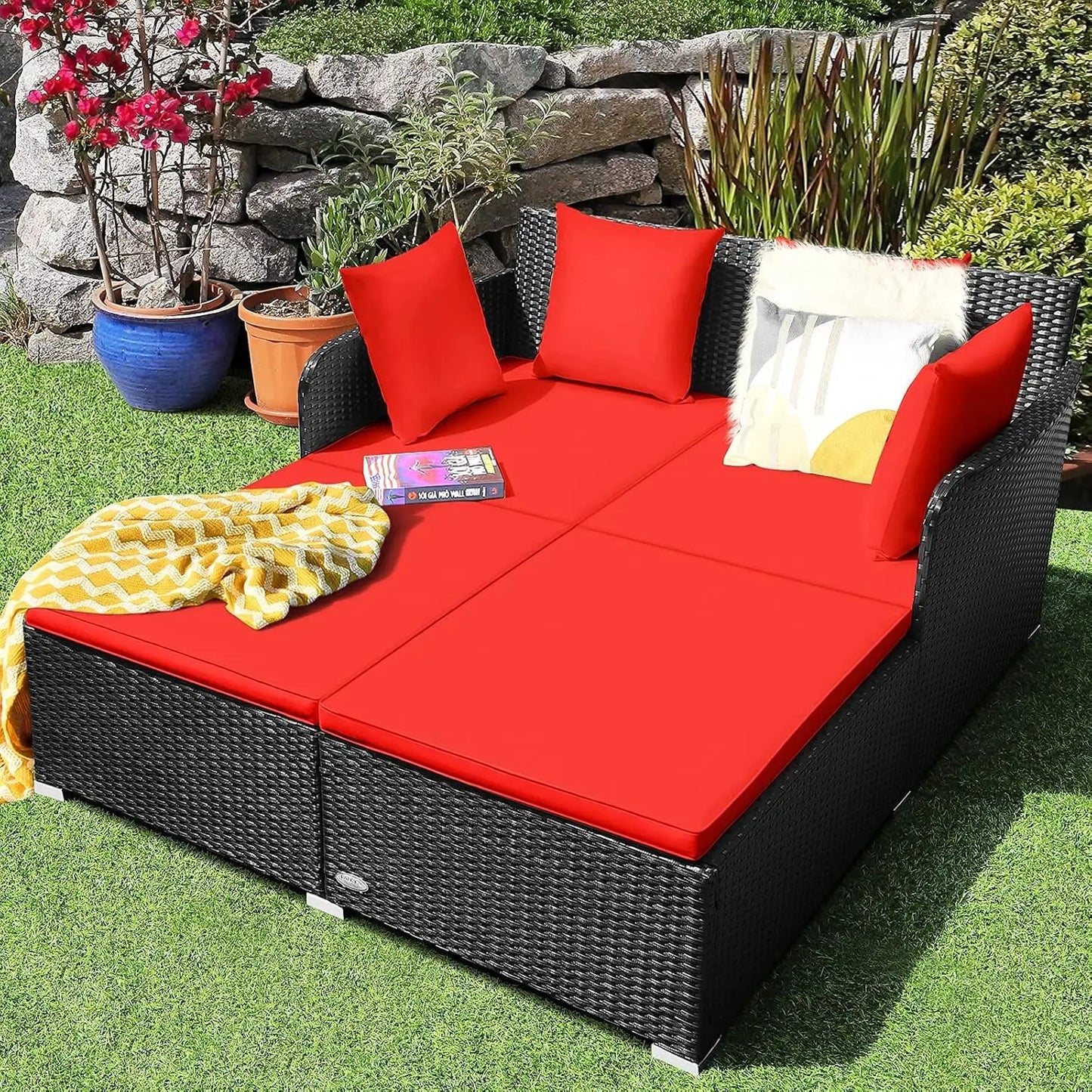 Outdoor Rattan Daybed, Patio Loveseat Sofa Set