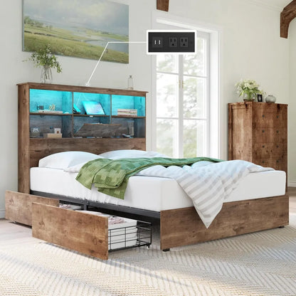 Bed Frame Wooden Platform  LED Storage Bookcase Headboard, 4 Storage Drawers & Charging Station/No Box Spring Needed