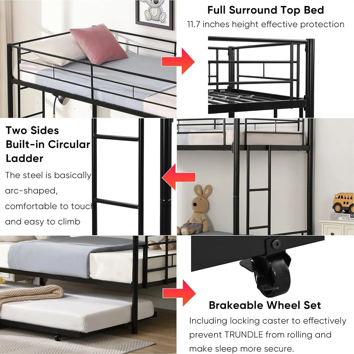 Twin Bunk Bed Frame with Trundle, Metal Bunkbed Bedframe