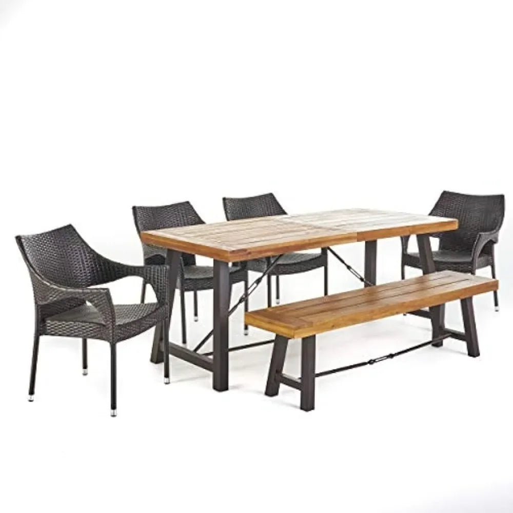 Acacia Wood Dining Set With Wicker Stacking Chairs