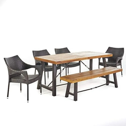 Acacia Wood Dining Set With Wicker Stacking Chairs