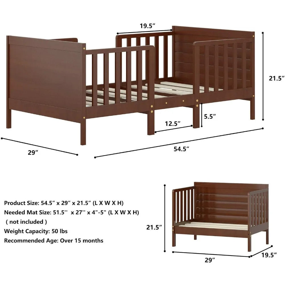 2 in 1 Convertible Wood Kids Bed w/Double Side Safety