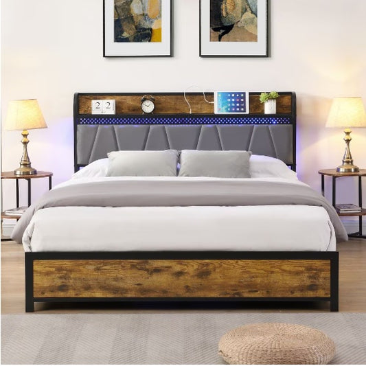 Full Size Bed Frame, Storage Headboard With Charging Station And 4 Storage Drawers,LED Lights